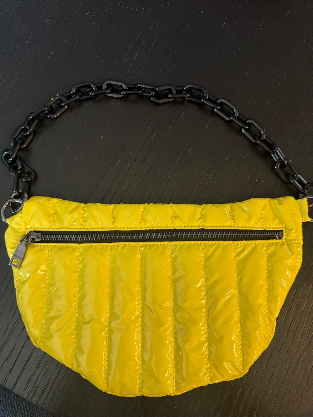 ah.dorned bright yellow Reese Liquid Quilted Nylon Bum Bag. Black chain strap.
